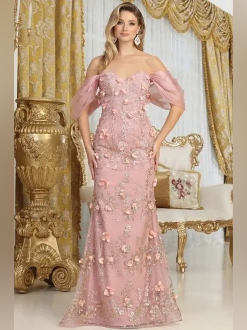 Off-Shoulder Pink Floral Appliqué Prom Gown